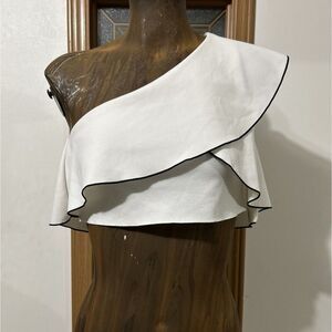 Zara White Crop Top Off One Shoulder Boat Neck Shirt Blouse Women's Small Black